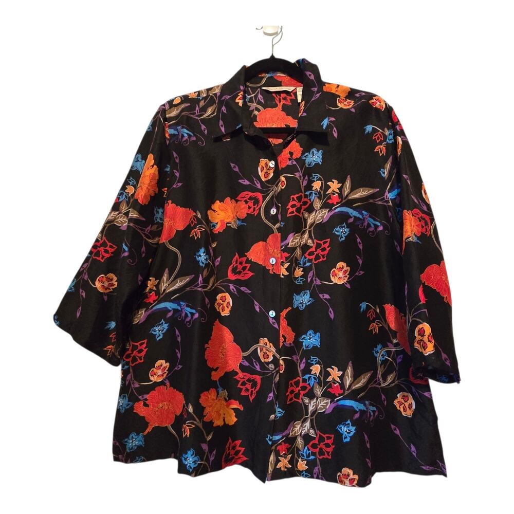 French Laundry 100% Silk Dark Floral Shirt Womens XLG Petite Black Button Up